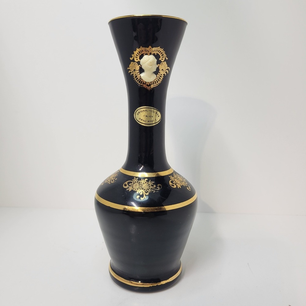 Original Toscana Vase Black Gold Cameo Italian‎ Hand-Arbeit Decor